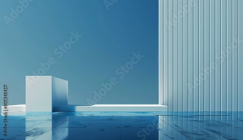 This image features a simplistic architectural design with strong lines and light reflections on a glossy blue floor photo