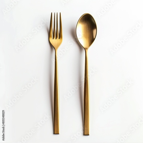 Gold shiny fork and spoon isolated on white background.