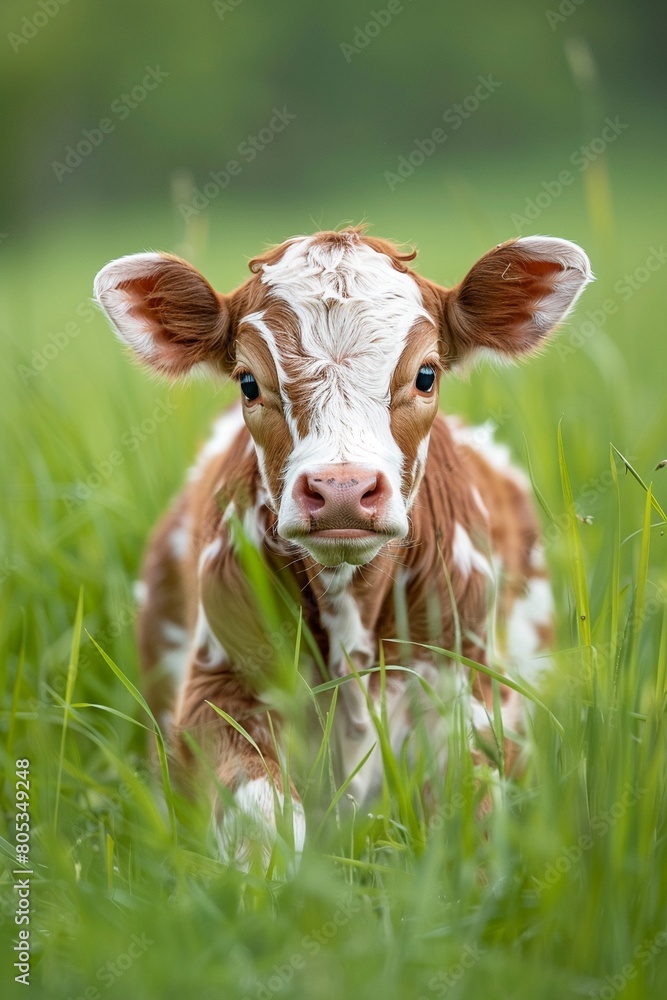 Curious calf in a green field close-up shot Curious calf in a green field close-up shot