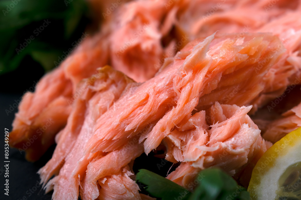 Hot smoked trout fillet seen up close. Texture in detail Hot smoked trout fillet seen up close. Texture in detail