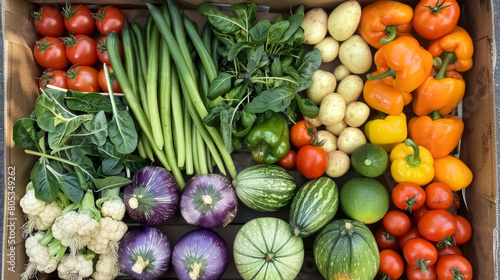 Assorted fresh vegetables in cardboard box. Top view of colorful produce including tomatoes  peppers  zucchini  potatoes  onions  and cauliflower