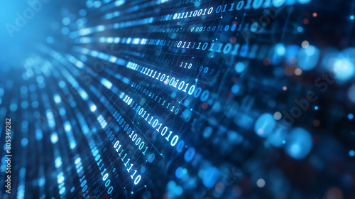 Digital information technology concept. Cybersecurity and protection system from online crime threats. Data Analytics or Data Science. Binary code polygons connected on dark blue background.