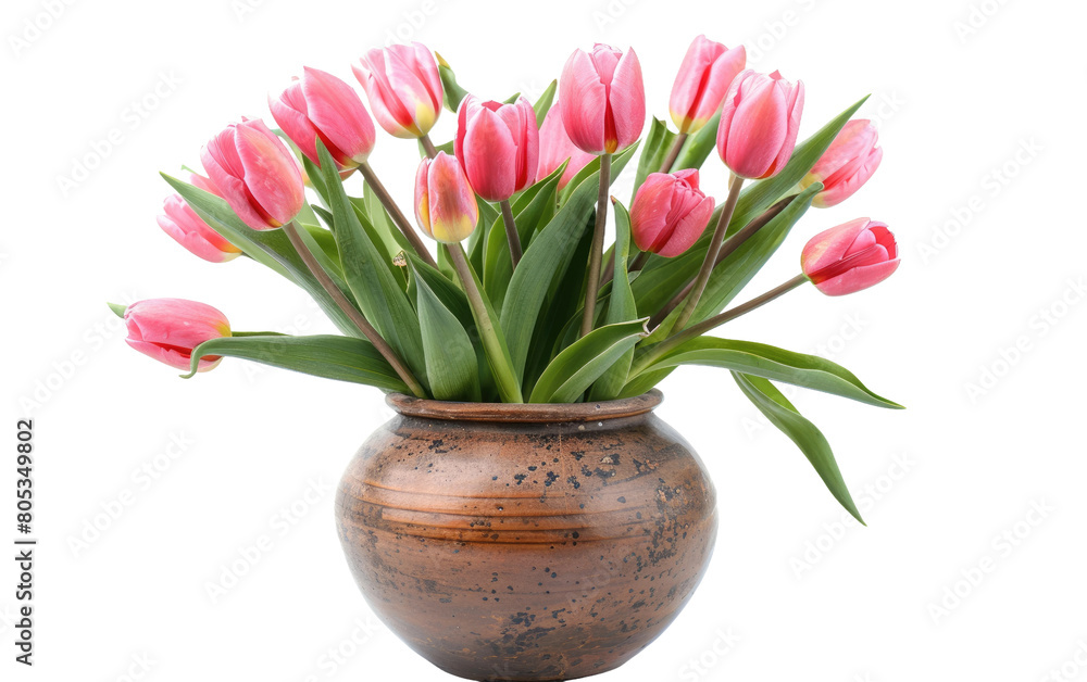 Beautiful Tulip Bouquet in Pink Vase, Lovely Pink Tulips Set in a Vase isolated on Transparent background.