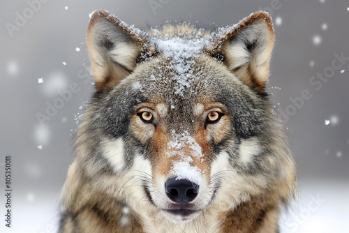 Close-up portrait of grey wolf in the snow