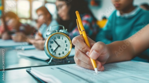Students in a school, college, or university classroom taking an optical form of standardized exams close to an alarm clock while holding a yellow pen for the final exam photo