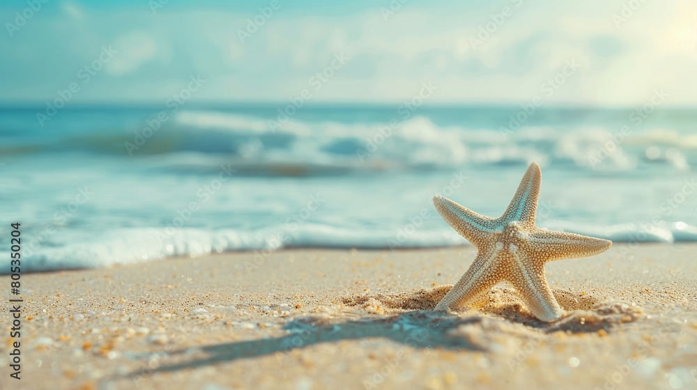 Starfish on a sandy beach soft focus with a serene ocean backdrop Starfish on a sandy beach soft focus with a serene ocean backdrop