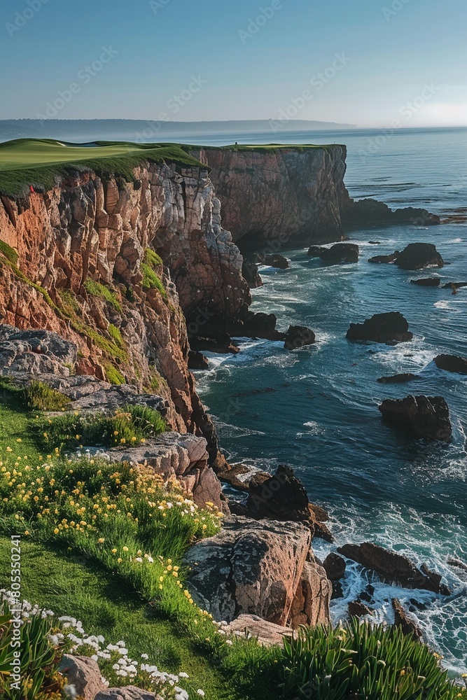 Stunning coastal golf course with rugged cliffs wide-angle shot