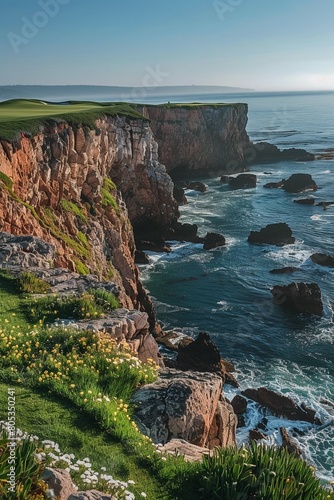 Stunning coastal golf course with rugged cliffs wide-angle shot