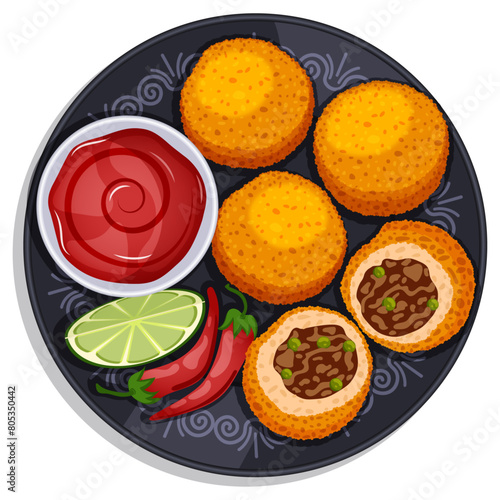 Crispy Arancini Balls with Ketchup - Italian Food Top View Vector Illustration