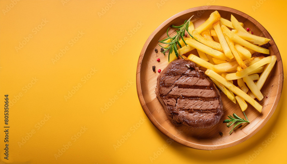 grilled beef steak served with french fries in a wooden plate with yellow letter space grilled beef steak served with french fries in a wooden plate with yellow letter space