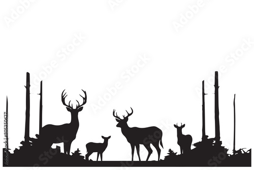 Black silhouette Vector forest and sum deer and bird white background