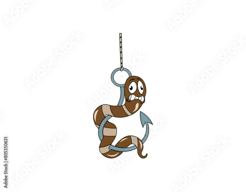 Vector illustration of a cartoon worm on a hook with scared eyes