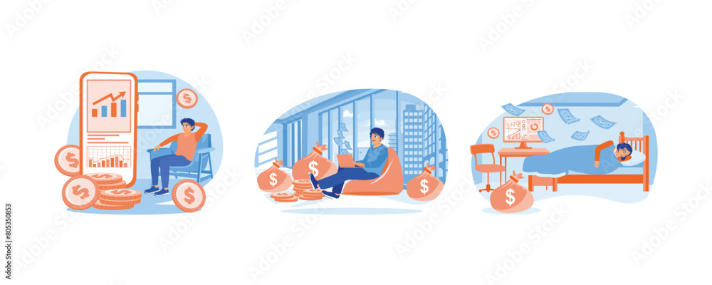 Men work online. Work as a freelancer and earn money online. Passive income concept. Set flat vector illustration.