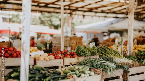 Fresh vegetables and fruits on display at a farmer's market stall. Daytime outdoor market scene for design and print. Food, healthy eating, and agriculture concept. Market stall with copy space