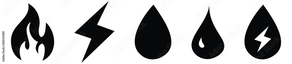 Collection of gas, electricity and water symbols in different Black styles Collection of gas, electricity and water symbols in different Black styles
