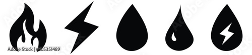 Collection of gas, electricity and water symbols in different Black styles