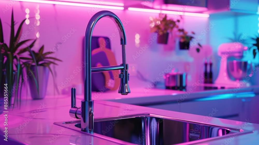 The kitchen faucet is made of stainless steel, and the scene is inside with a gradient background and stereo photography lights. --ar 16:9 Job ID: e3aa6b70-be18-47ee-a7e9-8f872feb4b5b