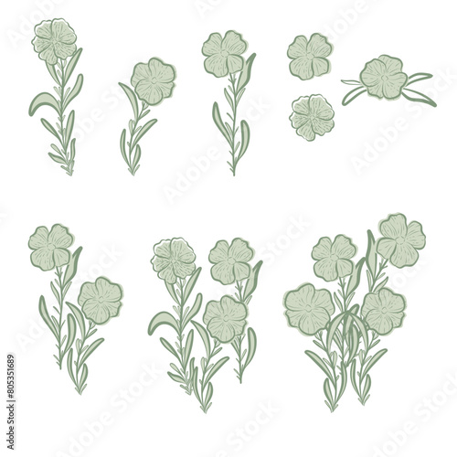 Set of flower elements in green color