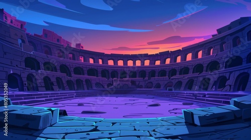 A dark historical arena where gladiators fought in the ancient roman era. Modern illustration of an empty Coliseum amphitheater for battles between warriors at night.