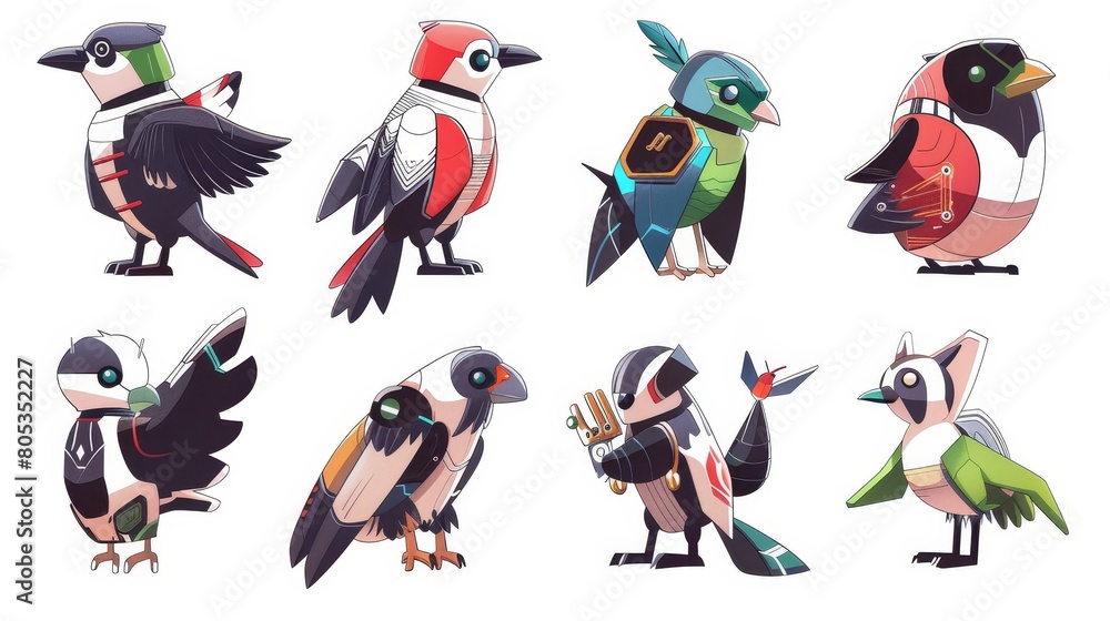 Modern set of robotic animals, cyborg birds like magpies and eagles, pandas, wasps, and raccoons. Cartoon robotics cyber characters, artificially intelligent mechanical and electronic characters. Modern set of robotic animals, cyborg birds like magpies and eagles, pandas, wasps, and raccoons. Cartoon robotics cyber characters, artificially intelligent mechanical and electronic characters.