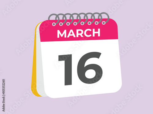 March 16 calendar reminder. 16 March daily calendar icon template. Calendar 16 March icon Design template. Vector illustration
