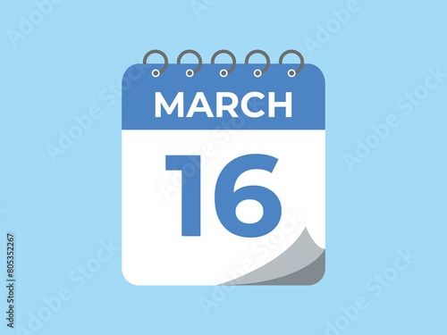 March 16 calendar reminder. 16 March daily calendar icon template. Calendar 16 March icon Design template. Vector illustration
