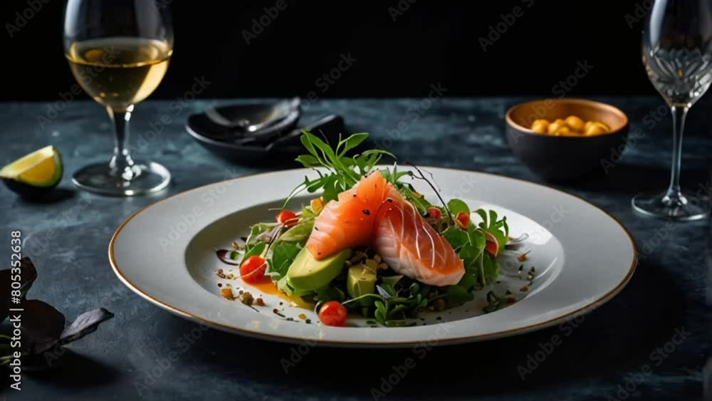 salad with avocado, red fish, greens salad with avocado, red fish, greens
