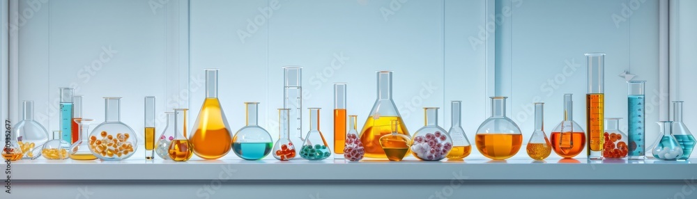 A row of glass beakers and vials of various colors and sizes A row of glass beakers and vials of various colors and sizes