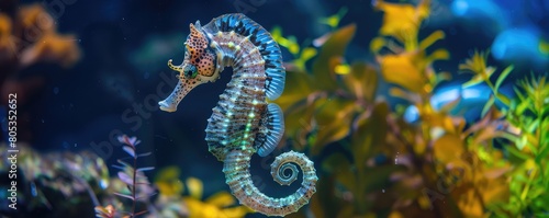 detailed brown seahorse against a blurred aquatic backdrop, highlighting marine life. © Michal