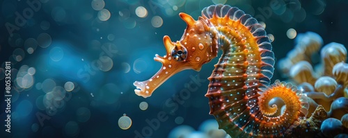 detailed brown seahorse against a blurred aquatic backdrop, highlighting marine life.