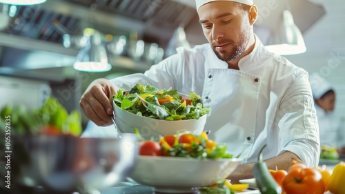 Chef in school cafeteria preparing a large salad, promoting healthy eating habits, vivid on white