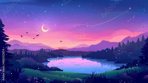 In the early morning, nature landscape in the summer with lake, green fields, and conifers trees. Blurry landscape of valley, pond, and spruces under pink sky with crescent, stars, and birds.