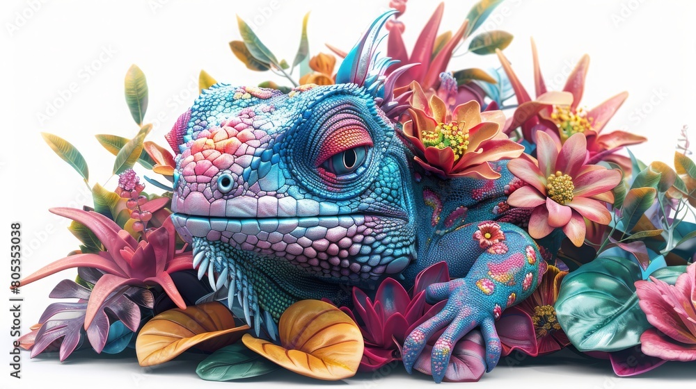 A colorful lizard is laying on a bed of flowers A colorful lizard is laying on a bed of flowers