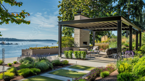 An outdoor retreat with a panoramic view of Puget Sound, where a modern pergola offers shade over a comfortable seating area,  © Image Studio