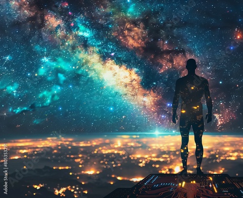 A contemplative human silhouette stands before an expansive galaxy, showcasing the vastness of space and human curiosity
