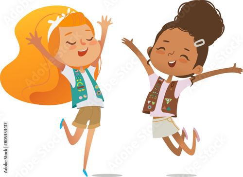 Multi ethnic multi aged girls scout happily jumping. Brownie and Junior league girls scout together. Girls friends together. Brownie and Junior Girls Scout Uniform