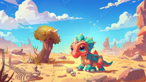 Cartoon illustration of funny dino character in a desert with sand  dry soil  dead tree and skeletons. Modern cartoon illustration of cute baby dinosaur in a desert.