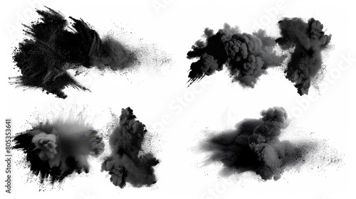 Intense black dust  grainy stains and smoke isolated design elements on a white background Realistic 3D modern set with black powder and coal sand explosions.