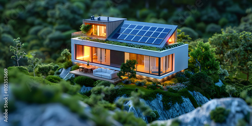 A model of a house with a large garden and a solar panel on the roof.