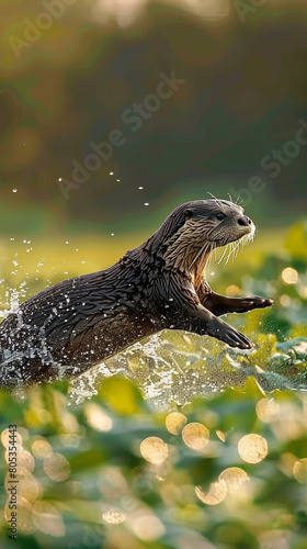 An otter gliding effortlessly through a field covered with morning dew, its sleek body moving gracefully against the green backdrop,  © Image Studio