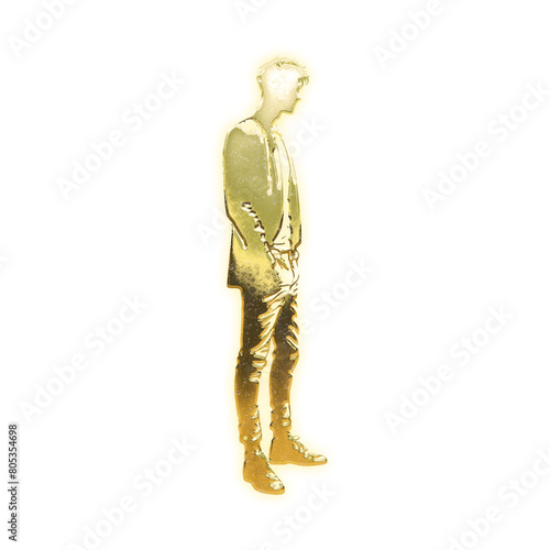 Very realistic golden man, alpha channel, transparent background