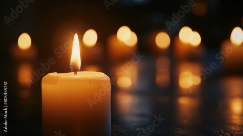 White Candles Burning in the Dark with focus on single candle in foreground