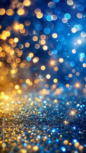 A mesmerizing display of sparkling lights and bokeh effects, illuminating a dark backdrop with hues of blue and gold glitters. New Year's Eve.