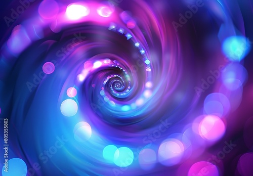 A mesmerizing 3D illustration of a hypnotic blue swirl with sparkling particles and bokeh effects