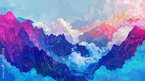 A dreamy digital artwork of a mountain landscape bathed in colorful clouds and serene atmosphere