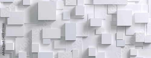 This is a 3D rendering of a white geometric pattern with various sized blocks protruding from a wall photo