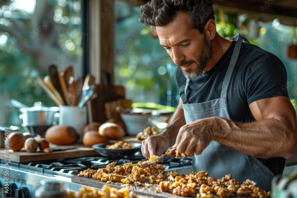 Close-up of a chef's hands garnishing a dish with careful precision in a restaurant kitchen setting Close-up of a chef's hands garnishing a dish with careful precision in a restaurant kitchen setting
