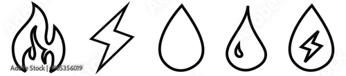 Collection of gas, electricity and water symbols in different line style styles