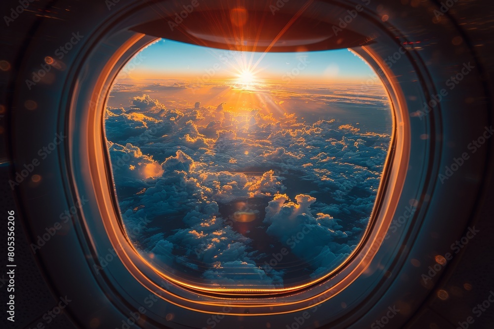 An airplane's window showcases a breathtaking view of a cloud-covered landscape illuminated by sunrise An airplane's window showcases a breathtaking view of a cloud-covered landscape illuminated by sunrise