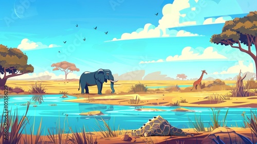 African savanna landscape with wild animals, sand, plants and waterhole with elephant, zebra, crocodile and hippo. Modern cartoon illustration of a savanna. photo